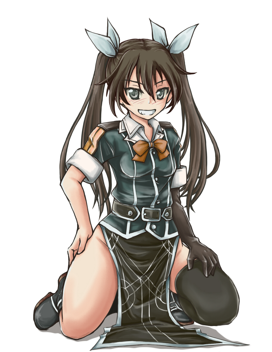 1girl black_footwear black_gloves breasts brown_hair elbow_gloves gloves green_eyes hair_ribbon kantai_collection kneehighs looking_at_viewer masamori_ikemo ribbon simple_background small_breasts smile socks solo spread_legs squatting teeth tone_(kancolle) tone_kai_ni_(kancolle) twintails white_background white_ribbon