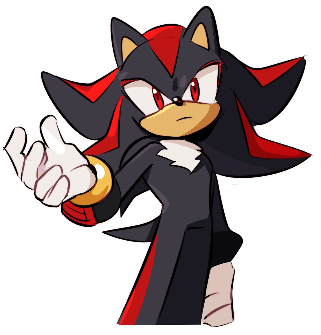 1boy animal_ears animal_nose black_fur body_fur bracelet closed_mouth commentary_request furry furry_male gloves gold_bracelet hand_up hedgehog hedgehog_ears hedgehog_tail jewelry korean_commentary looking_at_viewer male_focus red_eyes red_fur shadow_the_hedgehog simple_background solo sonic_(series) tail two-tone_fur weon1119 white_background white_gloves