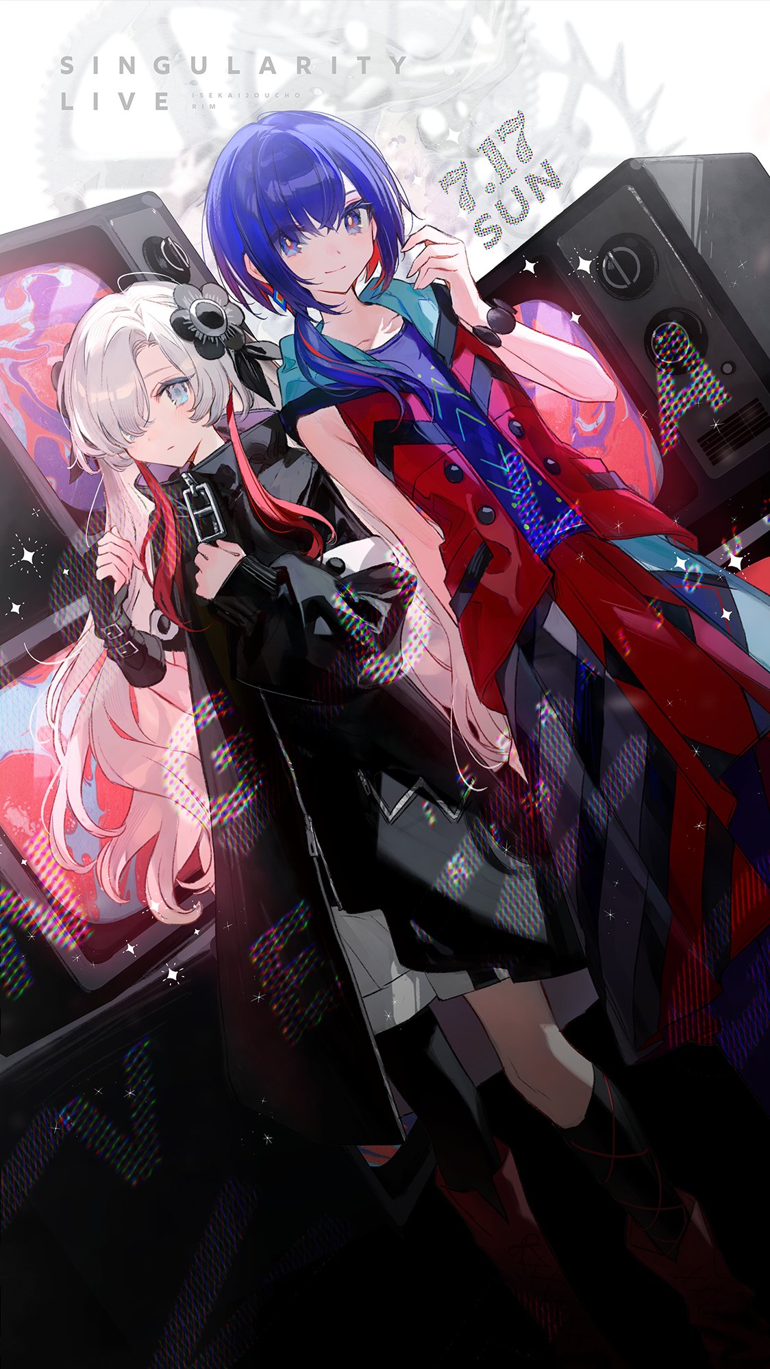 2girls asymmetrical_footwear asymmetrical_sleeves black_coat black_flower blue_eyes blue_hair blush chocoan coat colored_inner_hair commentary_request dress earrings expressionless feet_out_of_frame fingerless_gloves flower gears gloves hair_flower hair_ornament hair_over_one_eye hair_over_shoulder highres hood hood_down hooded_jacket isekai_joucho jacket jewelry kamitsubaki_studio long_hair looking_at_viewer multicolored_eyes multicolored_hair multiple_girls open_clothes open_jacket ponytail red_jacket redhead rim_(kamitsubaki_studio) shorts single_fingerless_glove sleeveless sleeveless_jacket smile television two-tone_hair uneven_sleeves virtual_youtuber white_eyes white_hair yellow_pupils