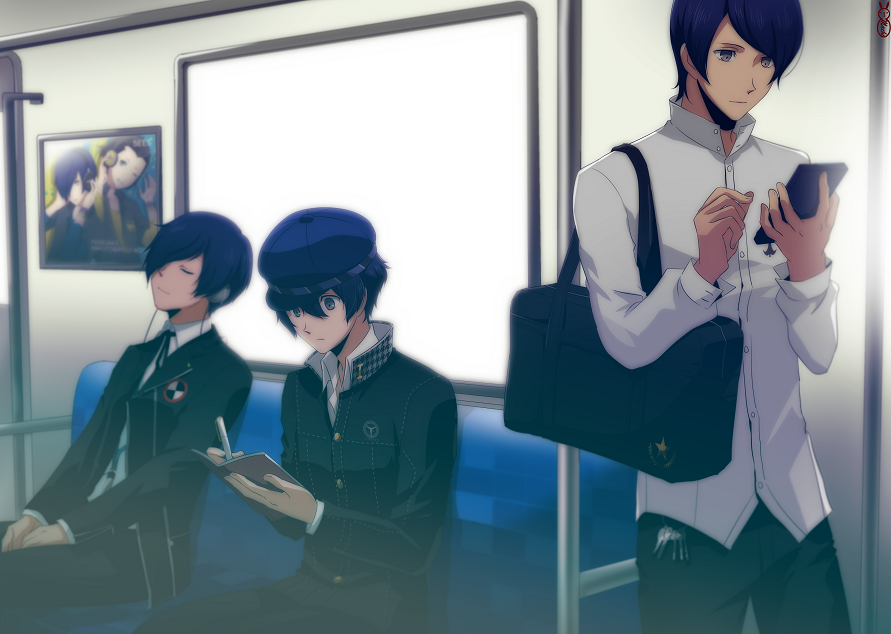 1girl 2boys bag blue_headwear bus cellphone closed_eyes color_connection crossover gekkoukan_high_school_uniform grey_eyes ground_vehicle hair_color_connection headphones holding holding_pen keyring kitagawa_yuusuke machinosuke mochizuki_ryouji motor_vehicle multiple_boys notebook pen persona persona_3 persona_4 persona_5 phone reverse_trap school_bag school_uniform shirogane_naoto shirt short_hair shuujin_academy_school_uniform smartphone smile white_shirt writing yasogami_school_uniform yuuki_makoto