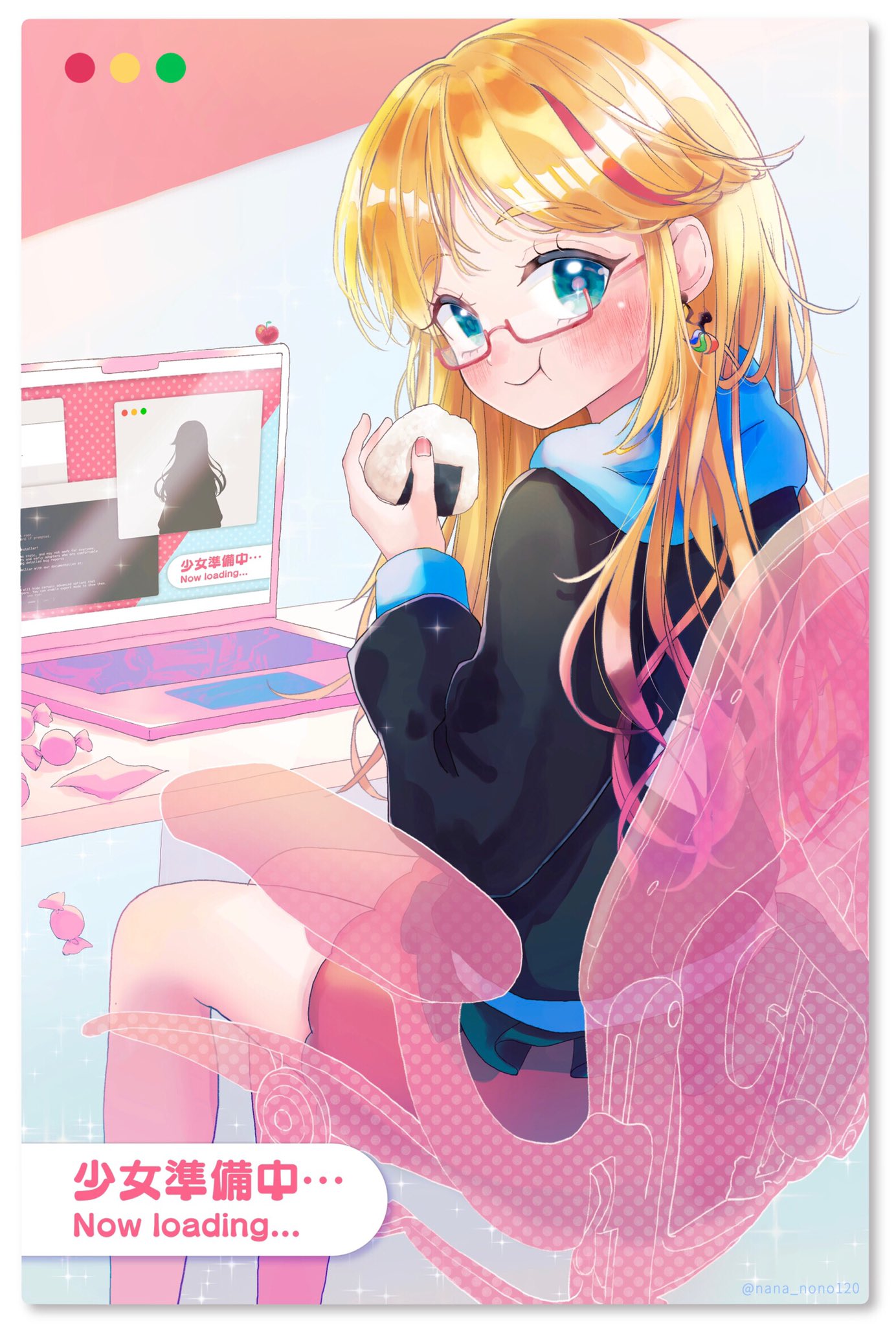 1girl asahi_lina black_jacket blonde_hair blue_eyes blue_jacket blush candy candy_wrapper chair cherry commentary_request computer earrings food from_behind fruit highres holding holding_food hood hooded_jacket indie_virtual_youtuber jacket jewelry laptop long_hair looking_at_viewer mixed-language_text multicolored_hair multilingual nanano_nanase onigiri pink_skirt red-framed_eyewear redhead rounded_corners semi-rimless_eyewear skirt solo streaked_hair table transparent_seat twitter_username under-rim_eyewear virtual_youtuber wrapped_candy