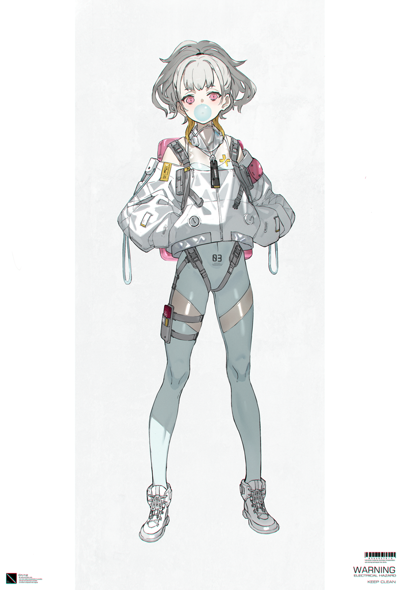 1girl bangs bodysuit boots chewing_gum full_body grey_hair hands_in_pockets highres jacket looking_at_viewer neco original pink_eyes solo