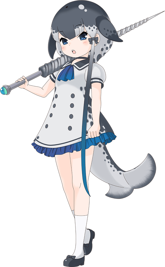 1girl blue_eyes cetacean_tail dolphin_girl dress fish_tail grey_hair kemono_friends kemono_friends_3 long_hair looking_at_viewer narwhal_(kemono_friends) official_art open_mouth polearm ribbon sailor_collar sailor_dress shoes socks solo spear tail transparent_background weapon
