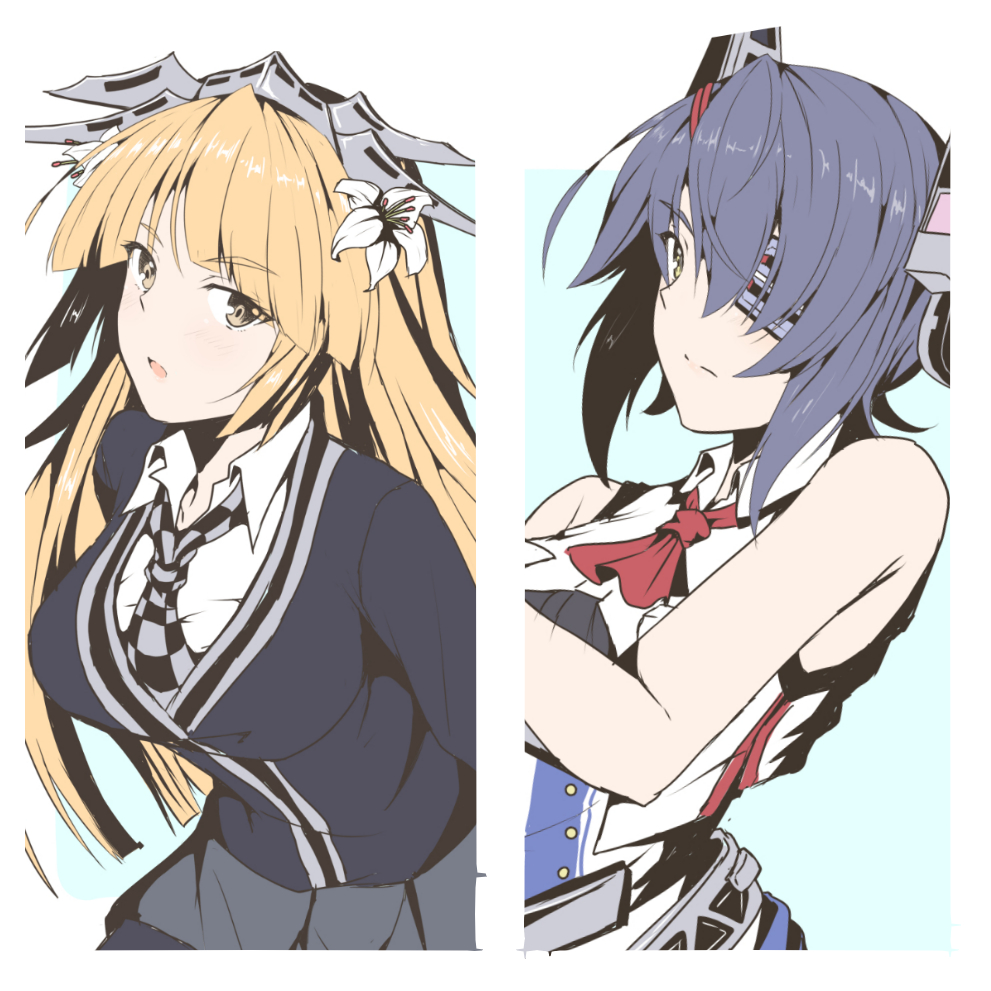 2girls artist_name bangs black_cardigan black_shirt black_thighhighs blonde_hair blue_skirt breasts brooklyn_(kancolle) brooklyn_(kancolle)_(cosplay) cardigan checkered_necktie cosplay costume_switch cowboy_shot eyepatch flower hair_flower hair_ornament headgear jacket kantai_collection large_breasts lily_(flower) long_hair long_sleeves looking_at_viewer medium_breasts multiple_girls neckerchief necktie open_mouth pantyhose pleated_skirt purple_hair red_neckerchief shirt short_hair simple_background skirt sleeveless sleeveless_jacket taira_yuuki tenryuu_(kancolle) tenryuu_(kancolle)_(cosplay) thigh-highs undershirt white_background white_jacket yellow_eyes