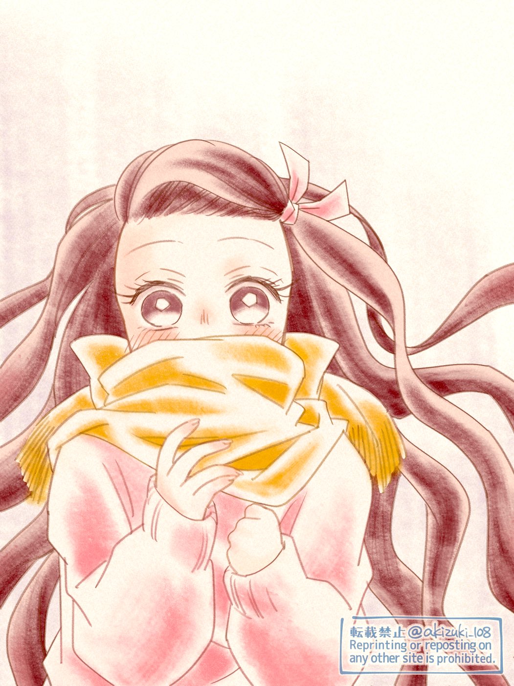 1girl akizuki108 black_eyes black_hair commentary_request contemporary hair_ribbon highres kamado_nezuko kimetsu_no_yaiba long_hair pink_sweater ribbon scarf scarf_over_mouth sleeves_past_wrists solo sweater twitter_username underwear watermark yellow_scarf