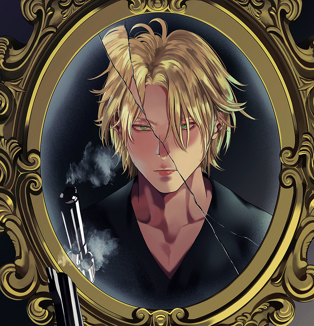 1boy ash_lynx banana_fish black_shirt blonde_hair cracked_glass green_eyes gun hair_over_one_eye looking_at_viewer male_focus messy_hair mirror shirt smoke smoking_gun solo throttlee weapon