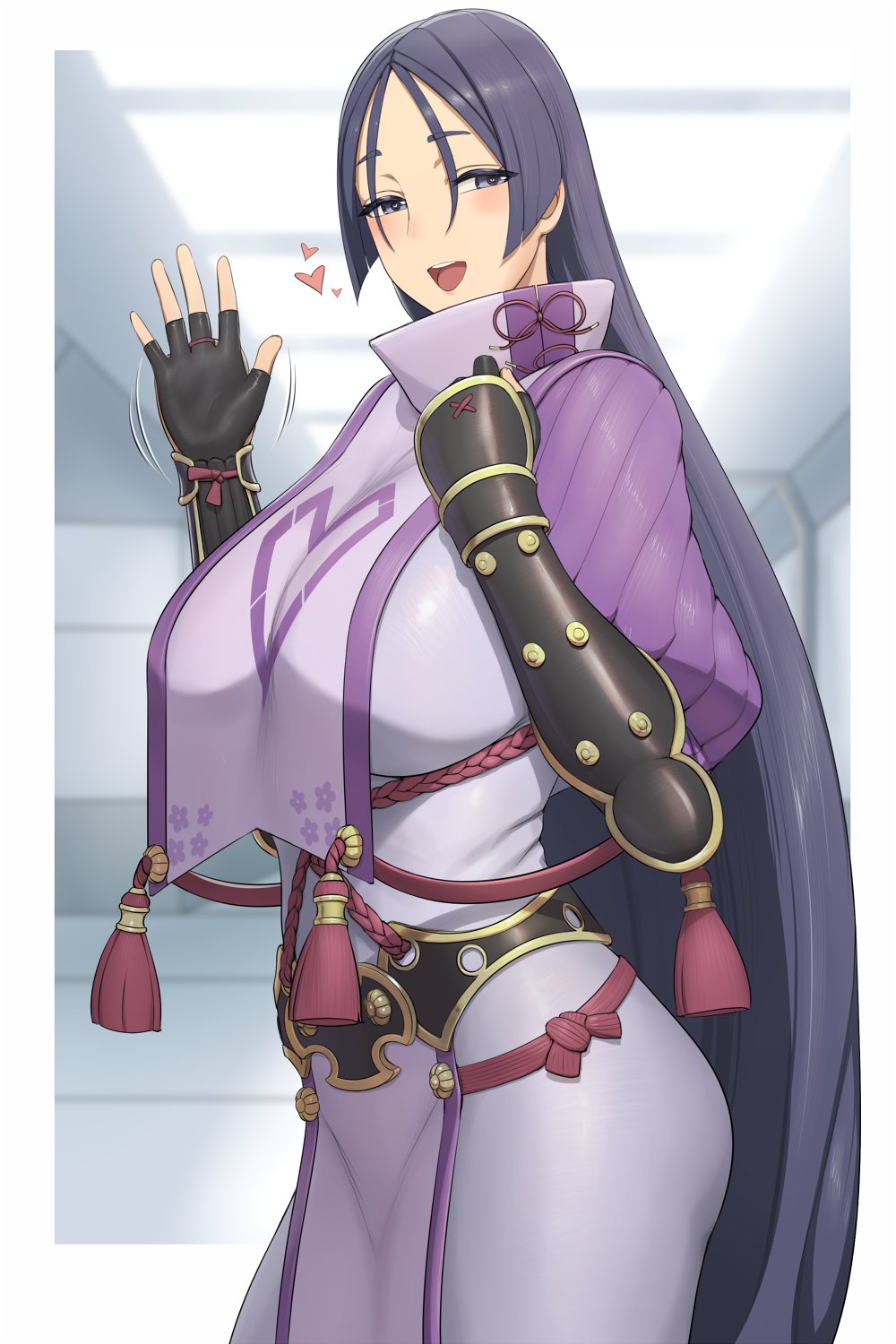 1girl arm_guards armor bangs black_gloves blurry blurry_background blush bodysuit breasts curvy fate/grand_order fate_(series) fingerless_gloves gloves heart highres indoors japanese_armor large_breasts long_hair lvl_(sentrythe2310) minamoto_no_raikou_(fate) open_mouth parted_bangs purple_bodysuit purple_hair rope solo tabard very_long_hair violet_eyes waving