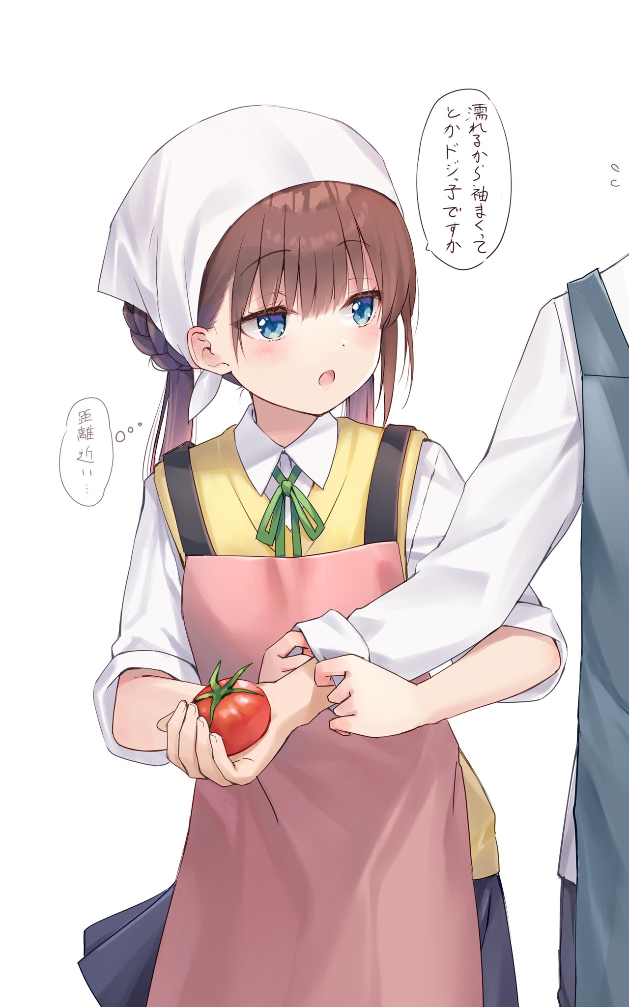 1girl 1other adjusting_another's_clothes apron bangs blue_eyes blush braid brown_hair collared_shirt commentary_request cowboy_shot flying_sweatdrops food green_ribbon head_scarf highres holding holding_food holding_vegetable long_hair looking_at_another na-ga neck_ribbon open_mouth original out_of_frame pink_apron ribbon shirt simple_background skirt sleeves_rolled_up solo_focus speech_bubble standing sweater_vest thought_bubble tomato translation_request twintails vegetable white_background white_shirt yellow_sweater_vest