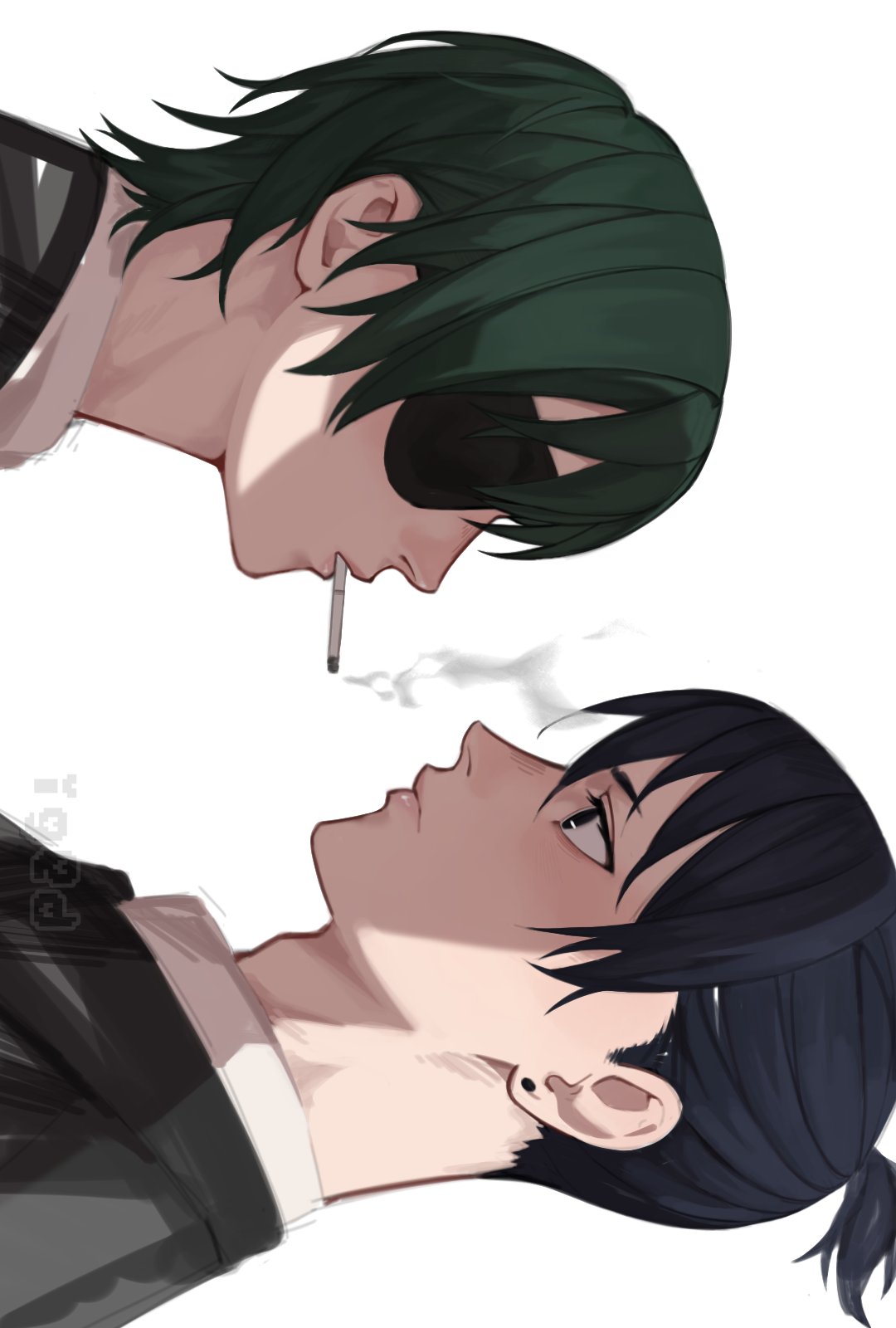1boy 1girl artist_name bangs black_hair black_jacket chainsaw_man cigarette collared_shirt earrings eyepatch face-to-face hayakawa_aki highres himeno_(chainsaw_man) igedd jacket jewelry looking_at_another shirt short_hair sideways simple_background smoke smoking stud_earrings suit_jacket topknot white_background white_shirt