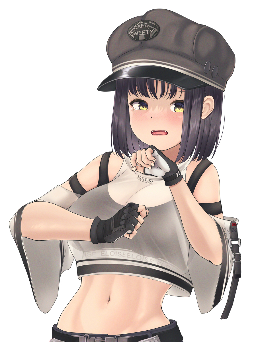 1girl belt black_belt black_bra black_hair black_headwear black_pants blush bra clothing_request english_text fingerless_gloves flustered gloves goddess_of_victory:_nikke hat hiden_(takanori) highres looking_at_viewer milk milk_(nikke) open_mouth pants see-through see-through_shirt short_hair solo sports_bra tears two-tone_gloves underwear white_background yellow_eyes