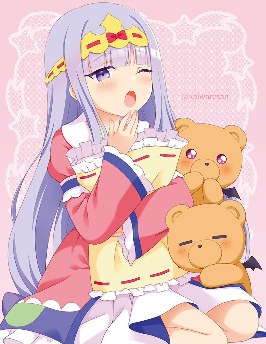 1girl 2others aurora_sya_lis_kaymin bangs blunt_bangs blush bow closed_eyes crown demon_wings eyelashes fingernails holding holding_pillow kaiware-san kneeling long_sleeves maou-jou_de_oyasumi multiple_others one_eye_closed open_mouth pillow pink_background purple_hair red_bow stuffed_animal stuffed_toy teddy_bear teddy_demon violet_eyes wide_sleeves wings yawning
