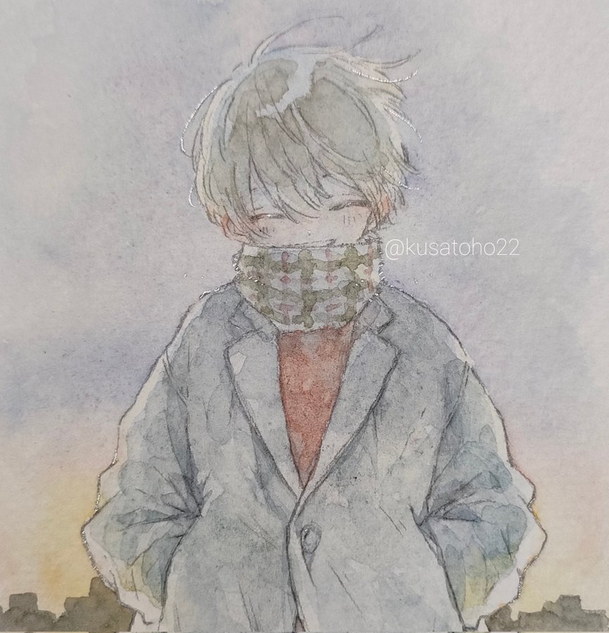 1boy bangs buttons closed_eyes commentary facing_viewer gradient_sky grey_hair grey_jacket grey_scarf grey_sky hair_between_eyes hands_in_pockets jacket kusatoho22 lapels long_sleeves male_focus muted_color notched_lapels open_mouth original outdoors painting_(medium) pixiv_username plaid plaid_scarf red_shirt scarf shirt short_hair sky smile solo teeth traditional_media twitter_username upper_body watercolor_(medium) wind yellow_sky