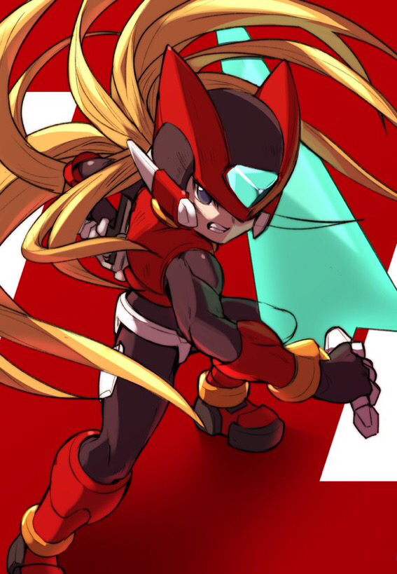 1boy amidatto blonde_hair bodysuit boots clenched_teeth helmet holding holding_sword holding_weapon male_focus mega_man_(series) mega_man_zero ponytail solo standing sword teeth weapon zero_(mega_man)