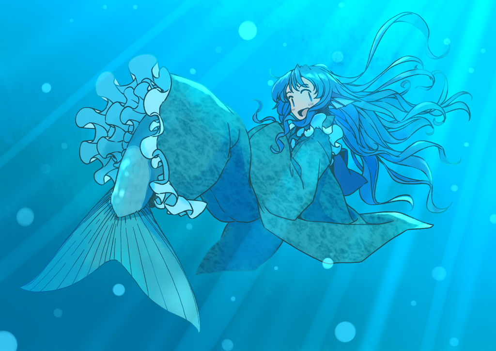 1girl alternate_hair_length alternate_hairstyle blue_eyes blue_hair blush frilled_kimono frills full_body green_kimono head_fins japanese_clothes kimono long_hair long_sleeves mermaid monster_girl open_mouth rangycrow smile solo touhou underwater wakasagihime wide_sleeves