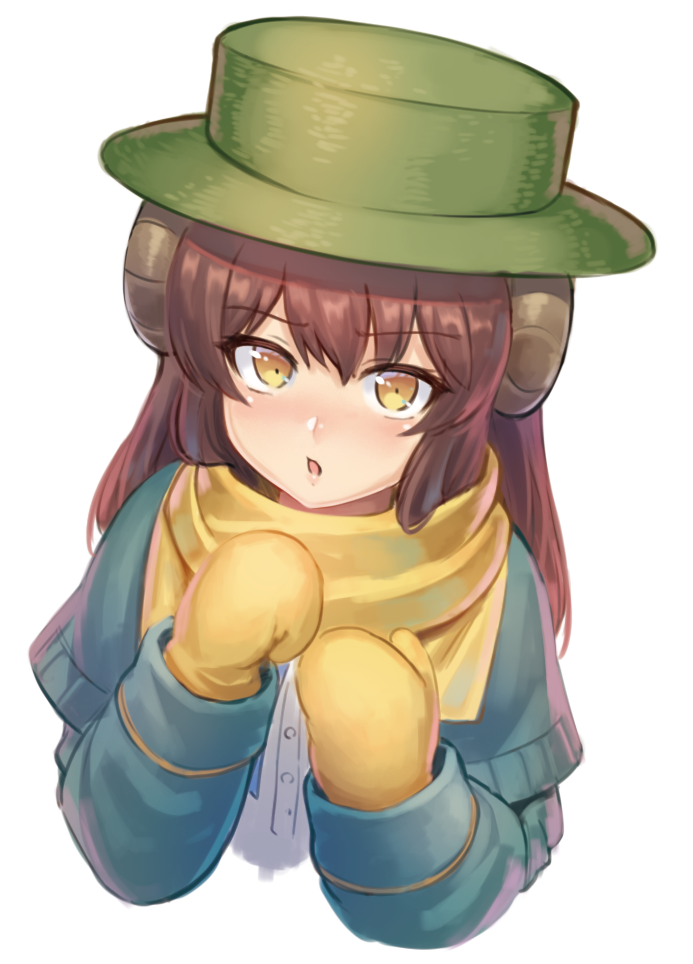 1girl brown_hair fate/grand_order fate_(series) fossil green_headwear hat learning_with_manga!_fgo long_hair long_sleeves mary_anning_(fate) mittens ranma_(kamenrideroz) scarf solo upper_body white_background yellow_eyes yellow_mittens yellow_scarf