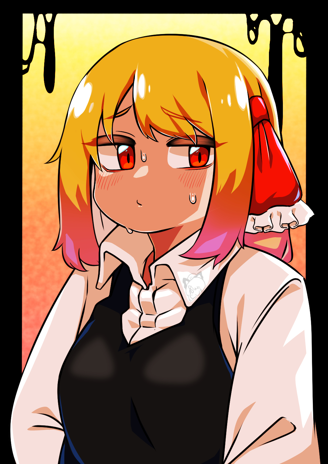 1girl bangs black_vest blonde_hair blush breasts closed_mouth collared_shirt commentary_request dripping gradient_background hair_ribbon highres kurodani_yamame long_sleeves looking_at_viewer medium_breasts medium_hair orange_background red_eyes red_ribbon ribbon rinyamame rumia shirt solo sweat touhou upper_body vest white_shirt yellow_background