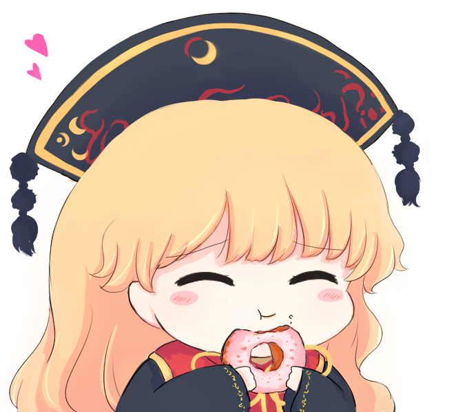 1girl bangs black_dress black_headwear blonde_hair blush bow bowtie chibi chinese_clothes closed_eyes closed_mouth commentary_request crescent crescent_print doughnut dress eating food food_on_face hands_up hat heart holding holding_food junko_(touhou) long_hair long_sleeves mandarin_collar phoenix_crown pom_pom_(clothes) red_tabard rei_(tonbo0430) simple_background smile solo tabard touhou upper_body very_long_hair white_background wide_sleeves yellow_bow yellow_bowtie