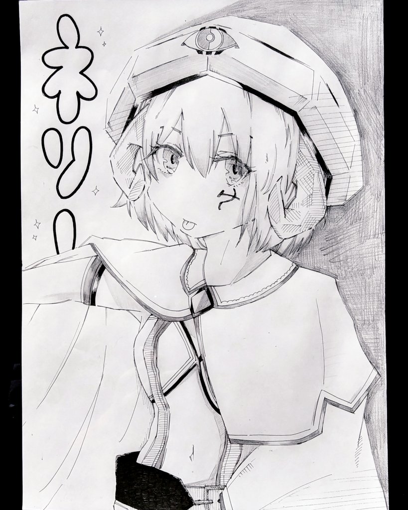 1girl bandeau belt belt_buckle buckle character_name cloak commentary dorokomb elbow_gloves facial_tattoo gloves greyscale hair_between_eyes hammer_and_sickle hammer_and_sickle_tattoo hat horns indie_virtual_youtuber looking_to_the_side monochrome navel open_cloak open_clothes pillarboxed short_hair sketch solo sparkle tattoo tongue tongue_out upper_body virtual_revolutionary_nelly virtual_youtuber