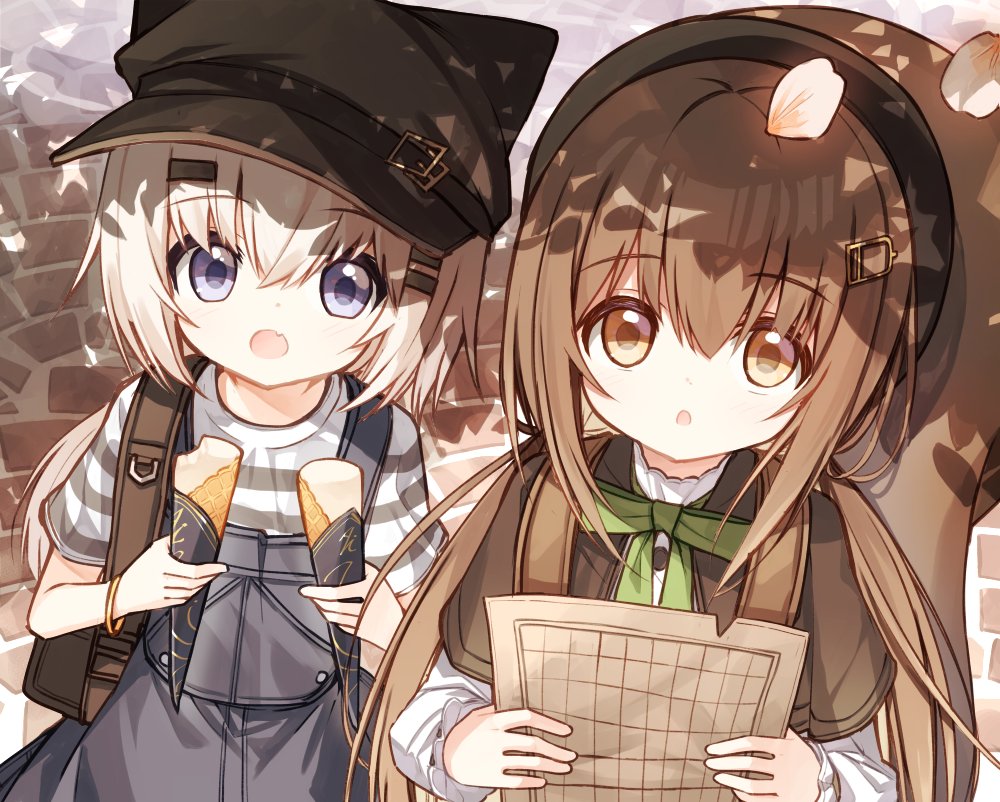 2girls :o animal_ears animal_hat backpack bag bangs beret black_headwear brown_capelet brown_eyes brown_hair cabbie_hat capelet commentary_request fake_animal_ears fang food food_request hair_between_eyes hair_ornament hairclip hat holding holding_food long_hair long_sleeves multiple_girls open_mouth original overalls parted_lips petals red_girl_(yuuhagi_(amaretto-no-natsu)) shirt short_sleeves squirrel_girl_(yuuhagi_(amaretto-no-natsu)) squirrel_tail striped striped_shirt tail very_long_hair violet_eyes white_hair white_shirt yuuhagi_(amaretto-no-natsu)