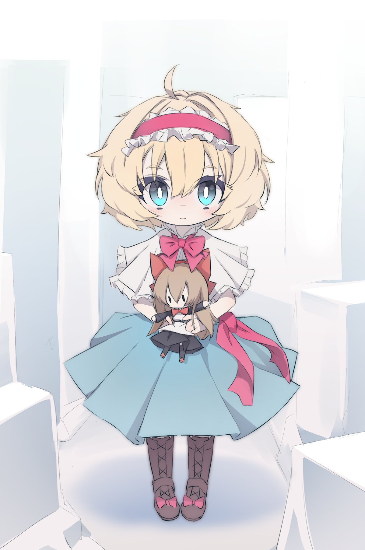 1girl alice_margatroid apron bangs blonde_hair blue_dress blue_eyes blush boots chibi doll dress hair_ribbon hairband highres holding holding_doll looking_at_viewer mr.turtle_head one-hour_drawing_challenge red_hairband red_ribbon ribbon shanghai_doll short_hair touhou white_apron