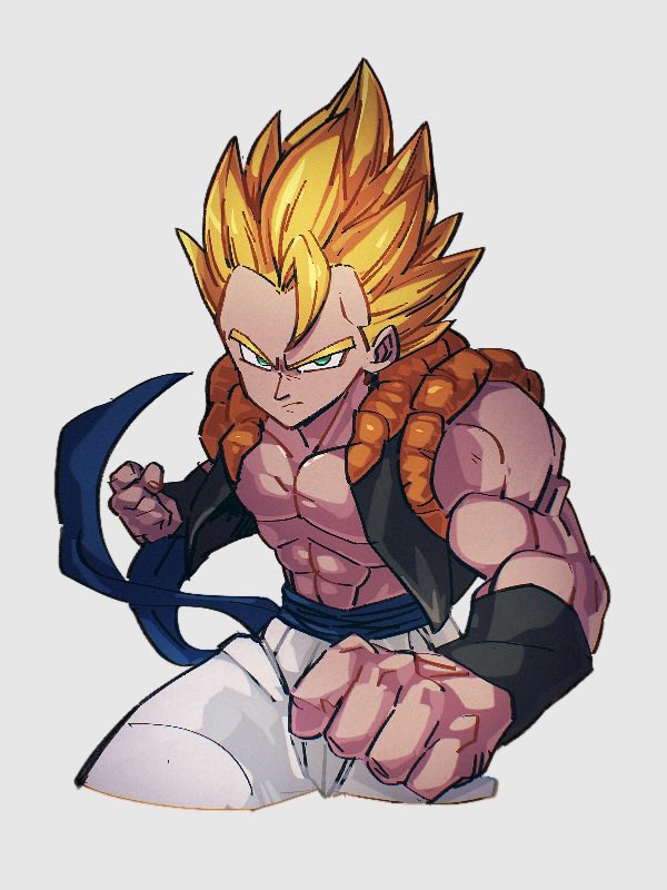 1boy blonde_hair blue_sash clenched_hands closed_mouth dragon_ball dragon_ball_z fighting_stance gogeta green_eyes kemachiku male_focus metamoran_vest muscular muscular_male pants pectorals sash serious solo spiky_hair white_pants