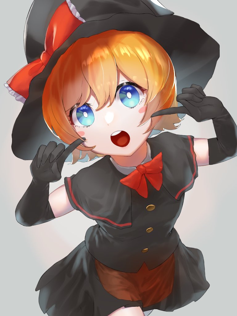 1girl bangs black_capelet black_gloves black_headwear black_skirt black_vest blonde_hair blue_eyes blush_stickers bow bright_pupils buttons capelet commentary cookie_(touhou) cowboy_shot elbow_gloves flat_chest gloves grey_background hat hat_bow johnnyyyyy kirisame_marisa looking_at_viewer meguru_(cookie) one_eye_closed open_mouth pointing pointing_at_self red_bow round_teeth short_hair simple_background skirt skirt_set solo teeth touhou upper_teeth_only vest white_pupils witch_hat