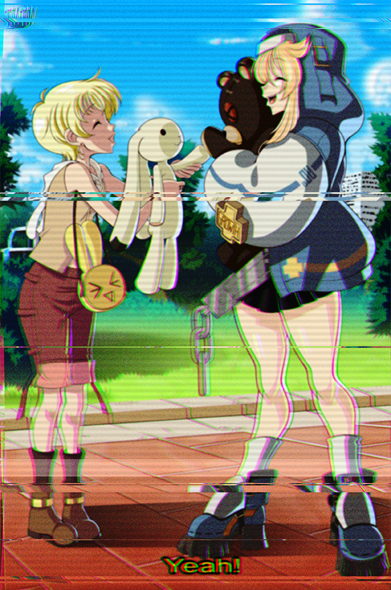 2girls animal_hood bag bangs black_skirt black_socks blonde_hair blue_footwear blue_jacket bridget_(guilty_gear) brown_footwear brown_shirt camera cargo_shorts cityscape closed_eyes cuffs english_text from_side fruits_basket full_body guilty_gear habit handbag handcuffs holding holding_stuffed_toy hood hood_down hood_up hooded_jacket jacket long_hair long_sleeves midriff_peek miniskirt open_mouth pants pants_rolled_up puffy_long_sleeves puffy_sleeves rabbit_accessory red_shorts reiji_sakamoto roger_(guilty_gear) shirt short_hair shorts shota skirt sleeveless smile socks souma_momiji standing stuffed_animal stuffed_rabbit stuffed_toy teddy_bear television white_socks