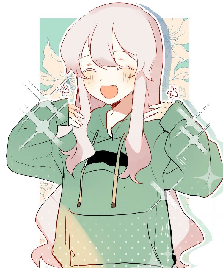 1girl :d ^_^ bangs blue_background blush casual closed_eyes colored_eyelashes commentary drawstring facing_viewer floral_background flower flower_(symbol) green_hoodie hair_over_shoulder halftone hood hood_down hoodie kagerou_project kozakura_marry long_hair long_sleeves mekakucity_actors open_mouth otorigg outline sleeves_past_wrists smile solo sparkle symbol-only_commentary upper_body very_long_hair wavy_hair white_background white_hair white_outline