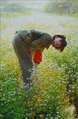 1girl armband bending bent_over black_hair floral_background flower grass leaf looking_at_viewer lowres military nature non-web_source oil_painting_(medium) original painting_(medium) realistic short_hair traditional_media uniform white_flower zhang_da_zhong