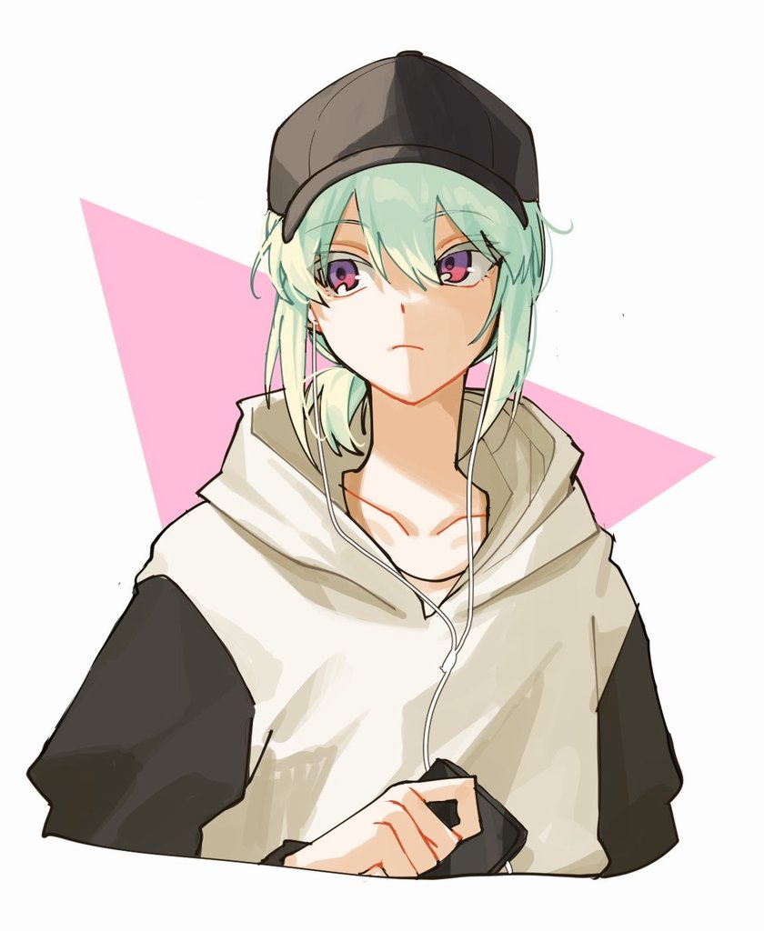 1boy androgynous bangs black_headwear closed_mouth earphones green_hair hair_between_eyes hat holding hood hood_down hoodie korean_commentary lio_fotia long_sleeves low_ponytail male_focus otoko_no_ko ponytail prmattotia promare short_ponytail simple_background solo two-tone_background upper_body violet_eyes