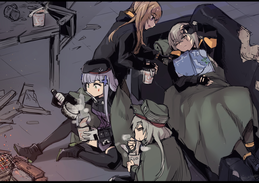 404_(girls'_frontline) 4girls beret black_headwear black_jacket blanket brown_eyes brown_hair commentary_request couch eating fingerless_gloves g11_(girls'_frontline) girls_frontline gloves green_eyes green_headwear grey_hair hat hk416_(girls'_frontline) hood hooded_jacket jacket magazine_(object) multiple_girls pouring ramen rubble ruins scar scar_across_eye shoes sitting sleeping table thigh-highs tsuki_tokage ump45_(girls'_frontline) ump9_(girls'_frontline)