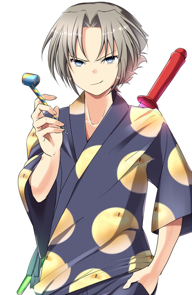 1boy bangs blue_eyes collarbone facing_viewer food fruit grey_hair hand_in_pocket holding japanese_clothes jinbei_(clothes) key_(company) looking_at_viewer party_horn pear rewrite smirk solo tagame_(tagamecat) white_background yoshino_haruhiko