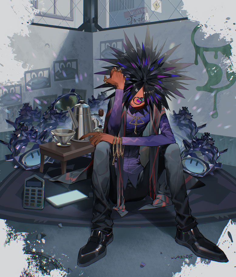 1boy bangle black_footwear black_hair black_pants bracelet calculator colored_skin full_body glasses graffiti hair_over_one_eye jewelry kettle long_sleeves male_focus multicolored_hair multiple_rings necklace orange_skin pants purple_hair ring shoes sitting spiky_hair splatoon_(series) splatoon_3 spyke_(splatoon) super_sea_snail tansaninryou