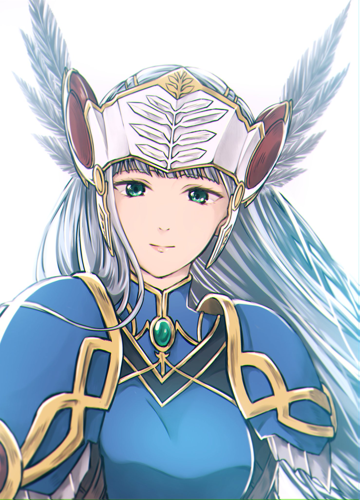 1girl armor armored_dress blue_armor feathers gold_trim green_eyes helmet highres lenneth_valkyrie long_hair low-braided_long_hair shoulder_armor straight_hair valkyrie valkyrie_profile white_hair winged_helmet