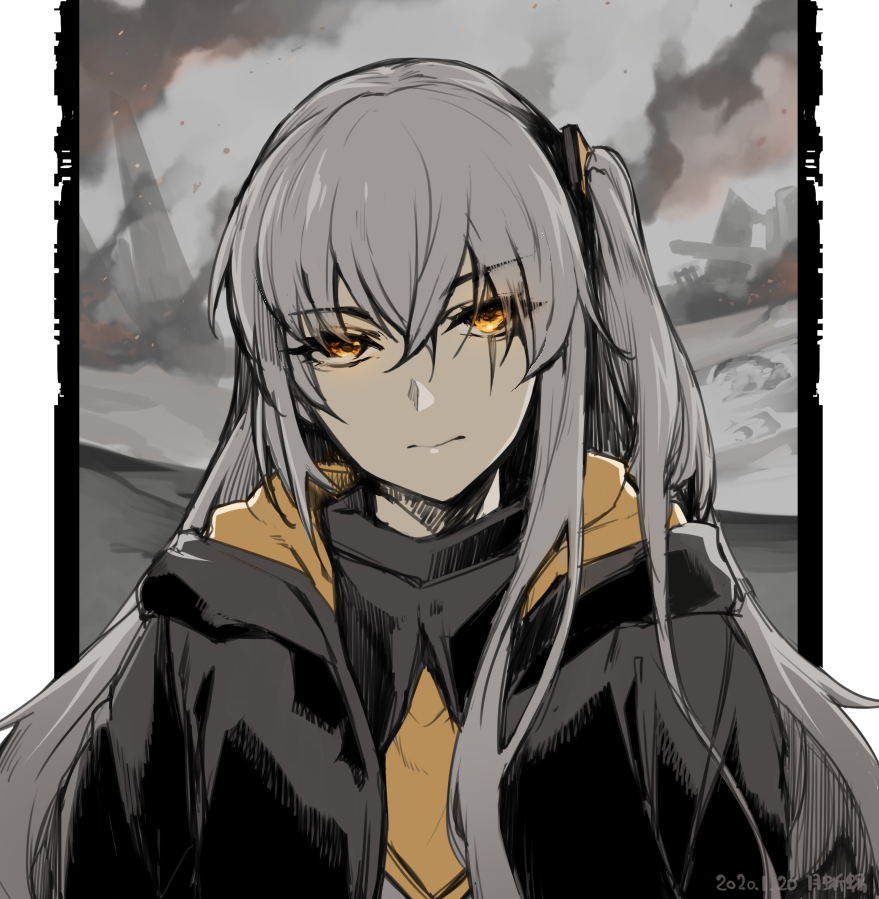 1girl black_jacket commentary_request dated frown girls_frontline grey_hair hair_between_eyes hair_ornament hood hood_down hooded_jacket jacket long_hair looking_at_viewer muted_color one_side_up outdoors rubble ruins solo straight-on tsuki_tokage ump45_(girls'_frontline) upper_body yellow_eyes