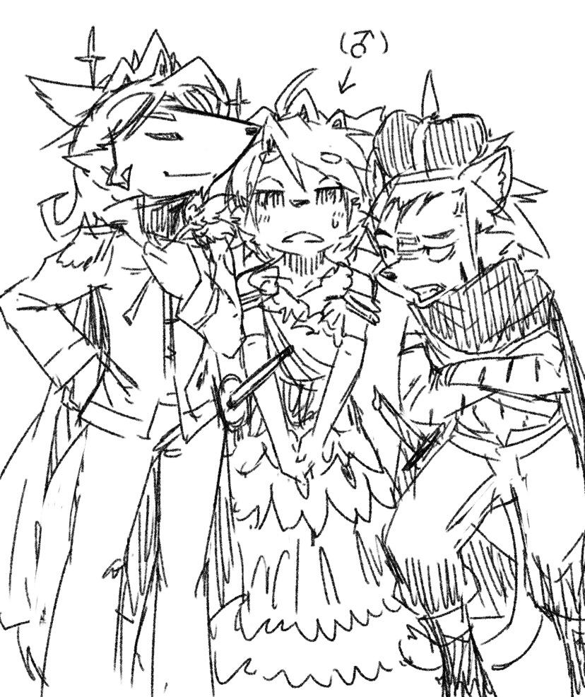3boys animal_ear_fluff animal_ears animal_nose arrow_(symbol) blush body_fur boots cape clenched_teeth closed_eyes closed_mouth commentary_request crossdressing crossed_arms crown dress epaulettes furry furry_male half-closed_eyes hand_on_hip hand_on_own_chest hand_up happy jacket kame_(3t) light_blush long_sleeves looking_at_viewer male_focus mars_symbol multiple_boys original otoko_no_ko own_hands_together pants raised_eyebrow shaded_face short_hair short_sleeves simple_background smile snout sparkle split_mouth standing straight-on striped_fur sweat tail teeth tiara tiger_boy tiger_ears tiger_tail v_arms white_background