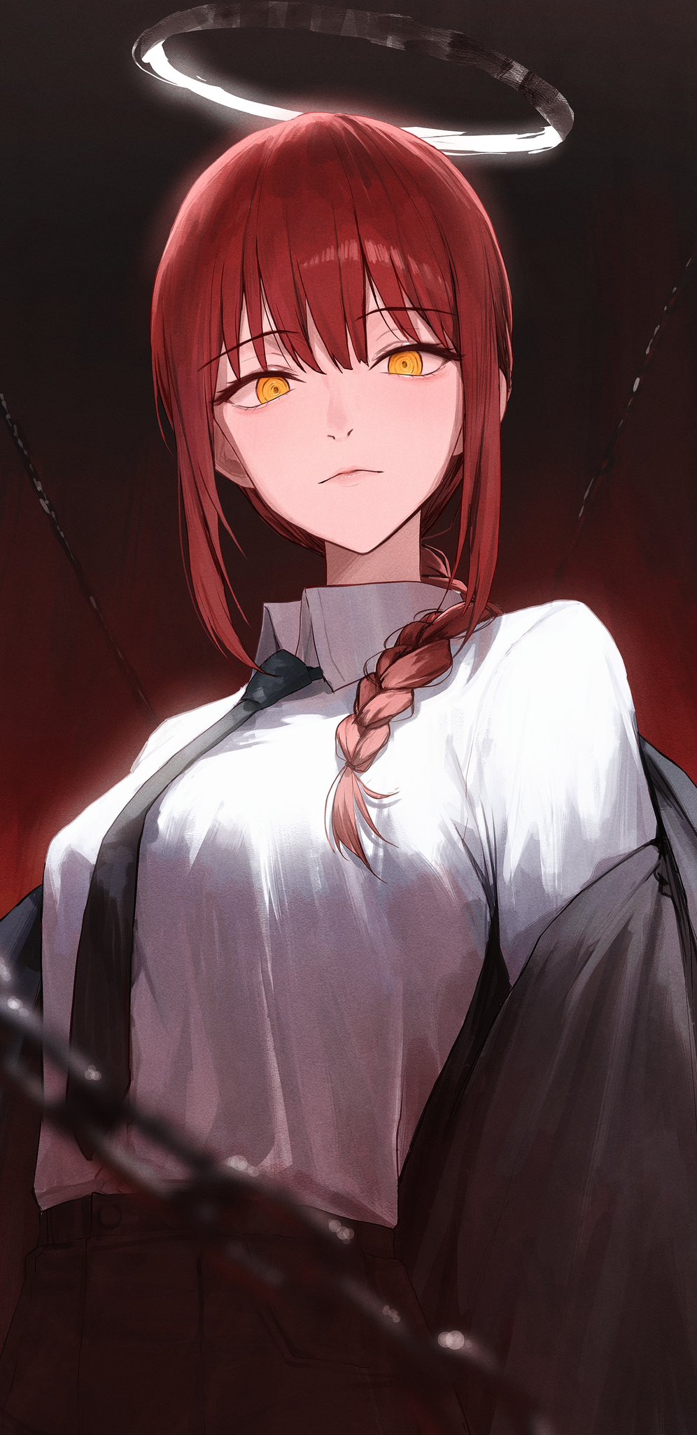 1girl black_jacket black_necktie black_pants blurry braid braided_ponytail breasts chain chainsaw_man closed_mouth depth_of_field gnns halo highres jacket looking_at_viewer makima_(chainsaw_man) medium_breasts necktie pants redhead removing_jacket ringed_eyes shirt shirt_tucked_in solo upper_body white_shirt yellow_eyes