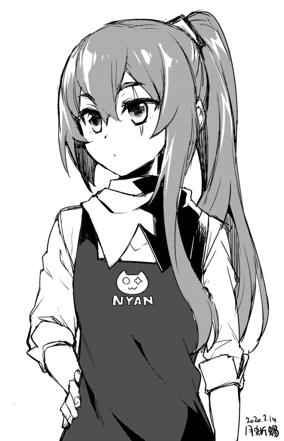 1girl apron commentary_request dated expressionless girls_frontline greyscale hair_between_eyes hand_on_hip long_hair looking_away monochrome nyan ponytail scar scar_across_eye sleeves_pushed_up solo tsuki_tokage ump45_(girls'_frontline) upper_body