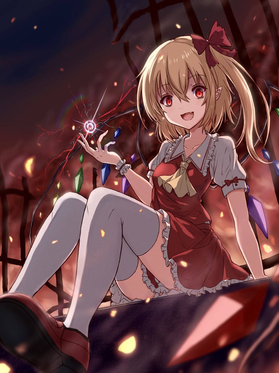 1girl :d bangs black_bow blonde_hair blurry blurry_foreground bow collarbone fang flandre_scarlet frilled_skirt frills hair_between_eyes hair_bow highres looking_at_viewer magic miniskirt open_mouth pleated_skirt pointy_ears ramune460 red_eyes red_footwear red_shirt red_skirt shirt short_hair_with_long_locks short_sleeves side_ponytail sitting skirt skirt_set slit_pupils smile solo thigh-highs touhou white_sleeves white_thighhighs wings wrist_cuffs zettai_ryouiki