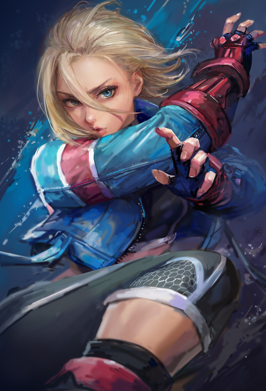 1girl black_pants black_tank_top blonde_hair blue_eyes blue_jacket cammy_white commentary_request fingerless_gloves gloves hair_between_eyes highres jacket lips long_sleeves looking_at_viewer michemashu open_clothes open_jacket pants pink_lips scar scar_on_cheek scar_on_face short_hair solo street_fighter street_fighter_6 tank_top yoga_pants zipper