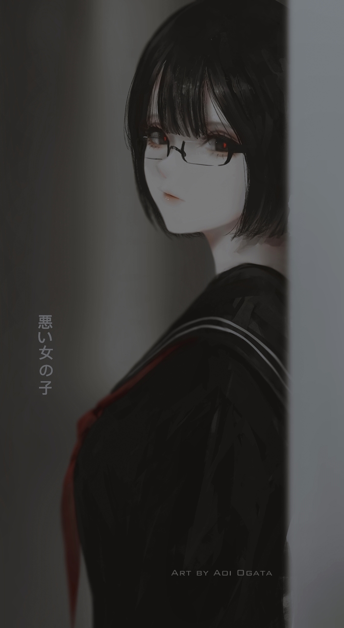 1girl aoi_ogata artist_name bangs black-framed_eyewear black_eyes black_hair black_sailor_collar black_shirt blurry blurry_background clip_studio_paint_(medium) closed_mouth commentary depth_of_field english_commentary glasses highres looking_at_viewer looking_to_the_side neckerchief original red_neckerchief red_pupils sailor_collar school_uniform serafuku shirt solo translation_request upper_body
