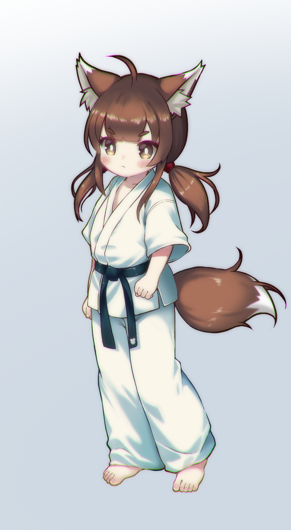 1girl ahoge animal_ear_fluff animal_ears bangs barefoot belt black_belt blunt_bangs blush bright_pupils brown_eyes brown_hair clenched_hand closed_mouth dougi feet fox_ears fox_girl fox_tail full_body hair_over_shoulder hair_tie highres karate karate_gi kuma-bound long_hair looking_at_viewer low_twintails martial_arts_belt original sidelocks simple_background solo standing tail tail_raised toes twintails white_pupils