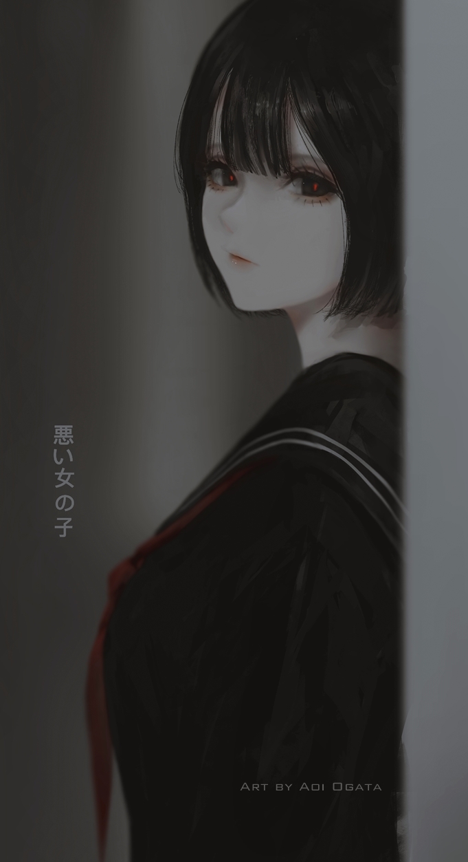 1girl aoi_ogata artist_name bangs black_eyes black_hair black_sailor_collar black_shirt blurry blurry_background clip_studio_paint_(medium) closed_mouth depth_of_field highres looking_at_viewer looking_to_the_side neckerchief original red_neckerchief red_pupils sailor_collar school_uniform serafuku shirt solo translation_request upper_body