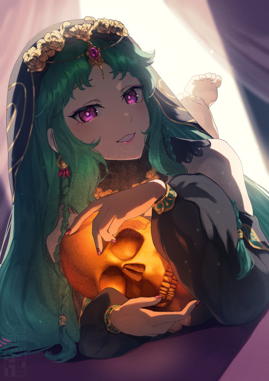 1girl arabian_clothes bangs bare_shoulders barefoot braid commentary_request earrings fate/grand_order fate_(series) fingernails green_hair grin hair_ornament highres holding holding_skull jewelry lips long_hair looking_back lying pink_lips pink_nails salome_(fate) skull smile solo teria_(teriarian) toes veil very_long_hair violet_eyes