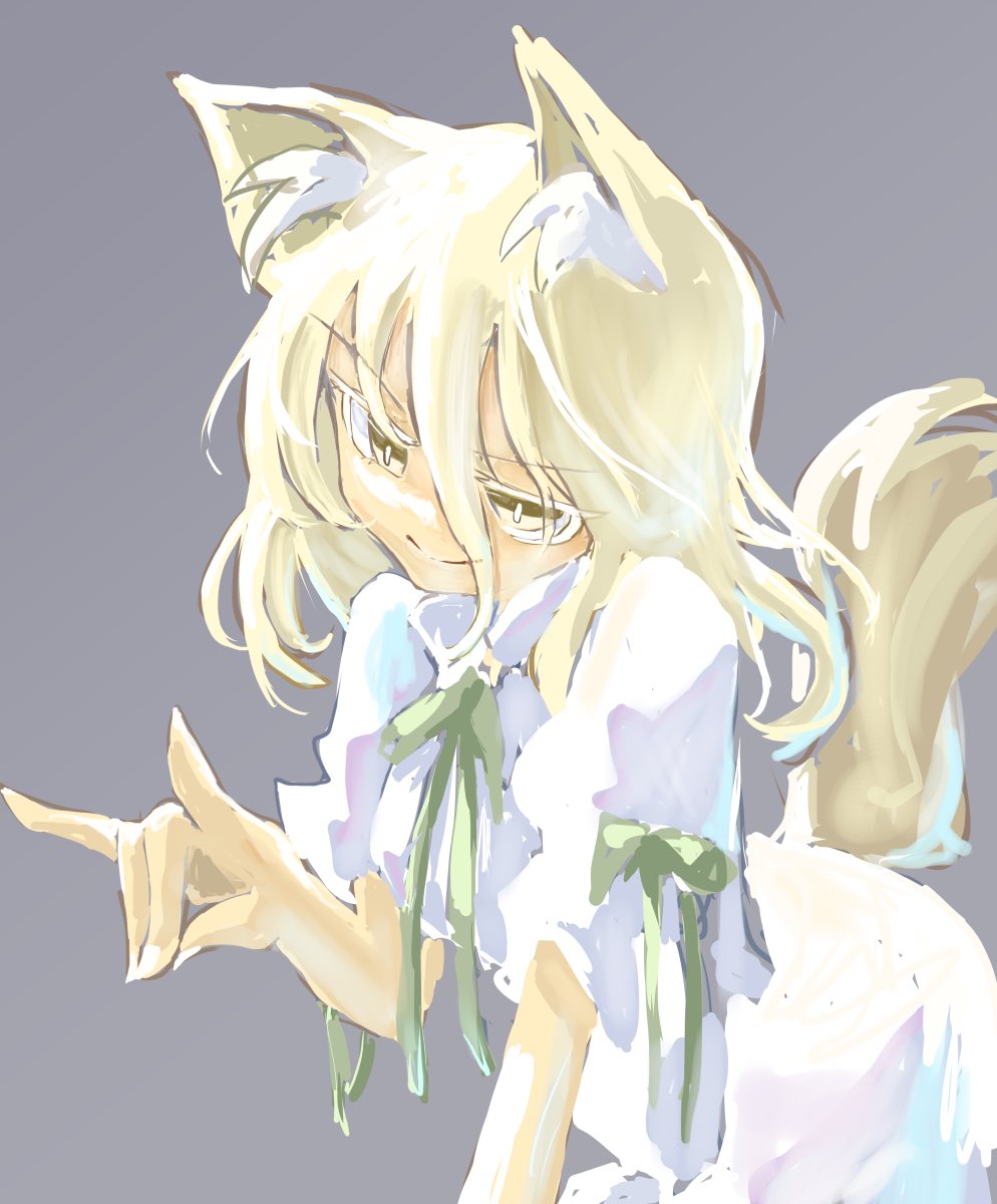 1girl animal_ear_fluff animal_ears bent_over blonde_hair breasts closed_mouth fox_ears fox_shadow_puppet fox_tail green_ribbon grey_background hair_between_eyes hand_up highres kudamaki_tsukasa medium_breasts puffy_short_sleeves puffy_sleeves ribbon short_sleeves simple_background smile solo tail touhou v-shaped_eyebrows white_romper yamasina009 yellow_eyes