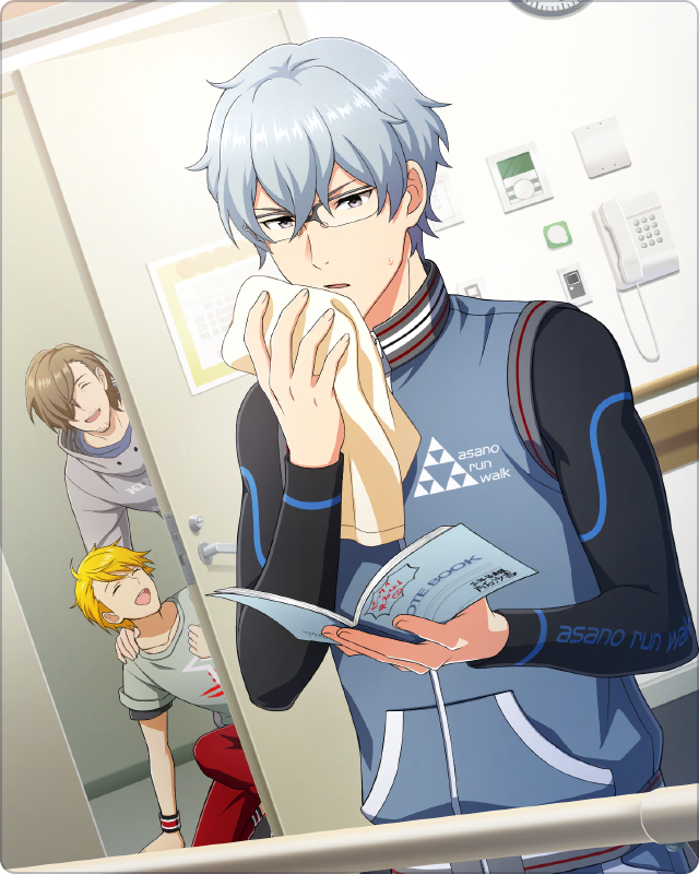 3boys blonde_hair book brown_hair closed_eyes facial_hair glasses goatee grey_hair hair_between_eyes hair_over_one_eye hazama_michio holding holding_book holding_towel idolmaster idolmaster_side-m idolmaster_side-m_growing_stars maita_rui male_focus multiple_boys official_art open_door open_mouth parted_lips s.e.m_(idolmaster) towel wristband yamashita_jiro