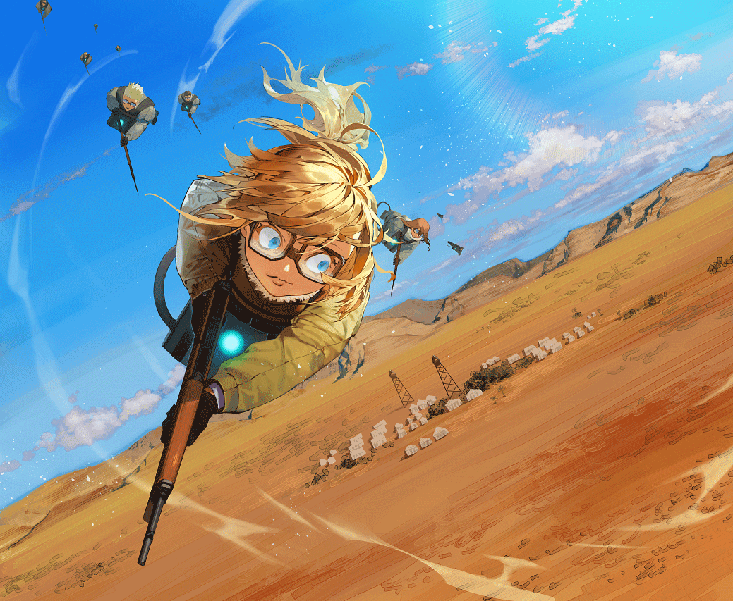 1girl 2boys 2girls blonde_hair blue_eyes blue_sky brown_hair building closed_mouth clouds cloudy_sky coat day flying gloves goggles green_coat gun holding holding_gun holding_weapon long_hair long_sleeves military military_uniform multiple_boys multiple_girls outdoors ponytail sky tansaninryou tanya_degurechaff uniform weapon youjo_senki