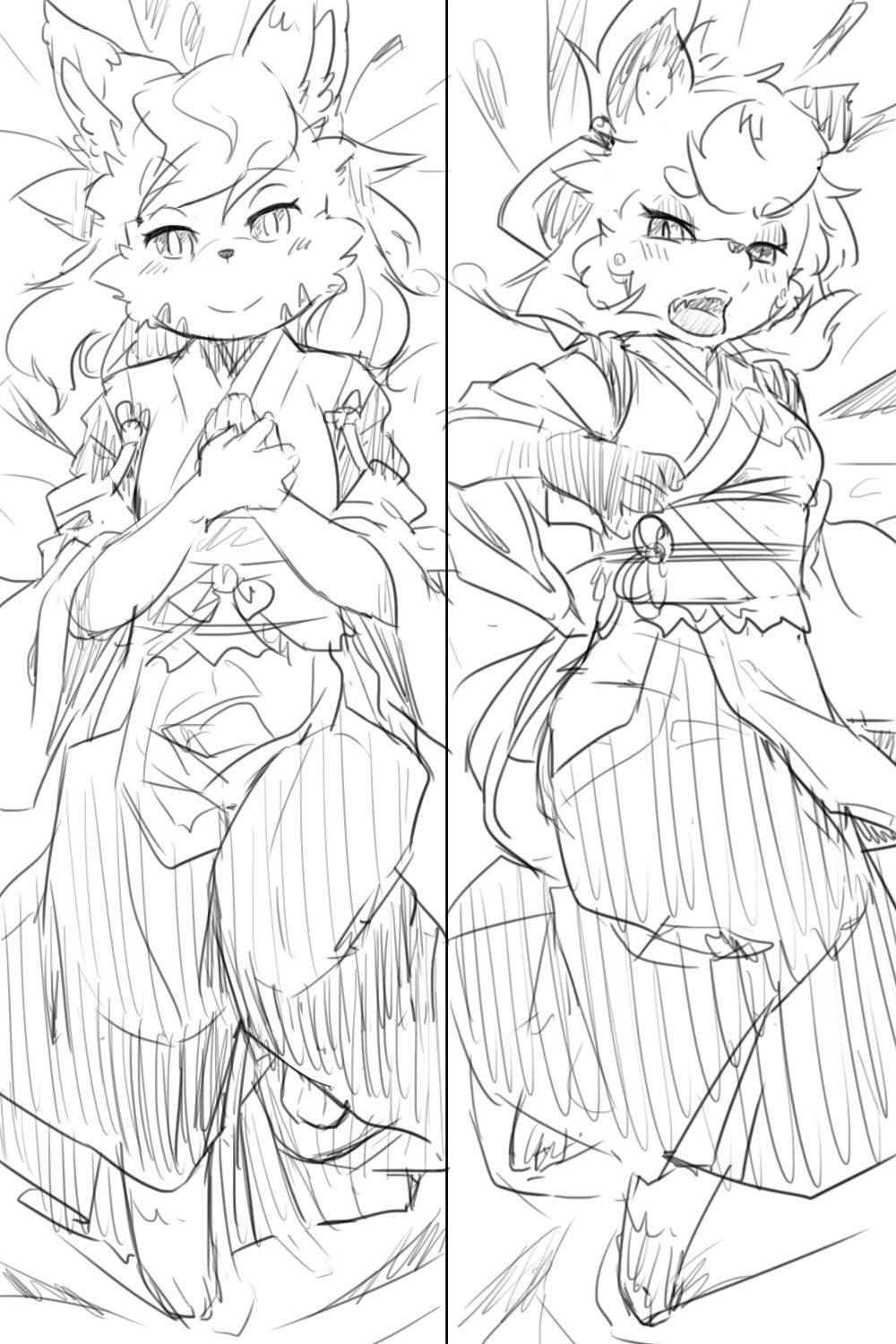 2girls animal_ear_fluff animal_ears animal_feet animal_nose bangs barefoot bed_sheet blush body_fur breasts closed_mouth commentary_request dakimakura_(medium) detached_sleeves facial_mark flat_chest fox_ears fox_girl from_above full_body furry furry_female greyscale hakama hakama_skirt half-closed_eyes hand_up hands_on_own_chest hands_up happy highres japanese_clothes kame_(3t) kimono knee_up light_blush long_sleeves looking_at_viewer lying miko monochrome multiple_girls obi on_back open_mouth original own_hands_together raccoon_ears raccoon_girl rin-chan_(kame_(3t)) sash short_hair sketch skirt sleeveless sleeveless_kimono small_breasts smile snout split_mouth straight-on swept_bangs teeth topknot whisker_markings wide_sleeves yhun-chan_(kame_(3t))