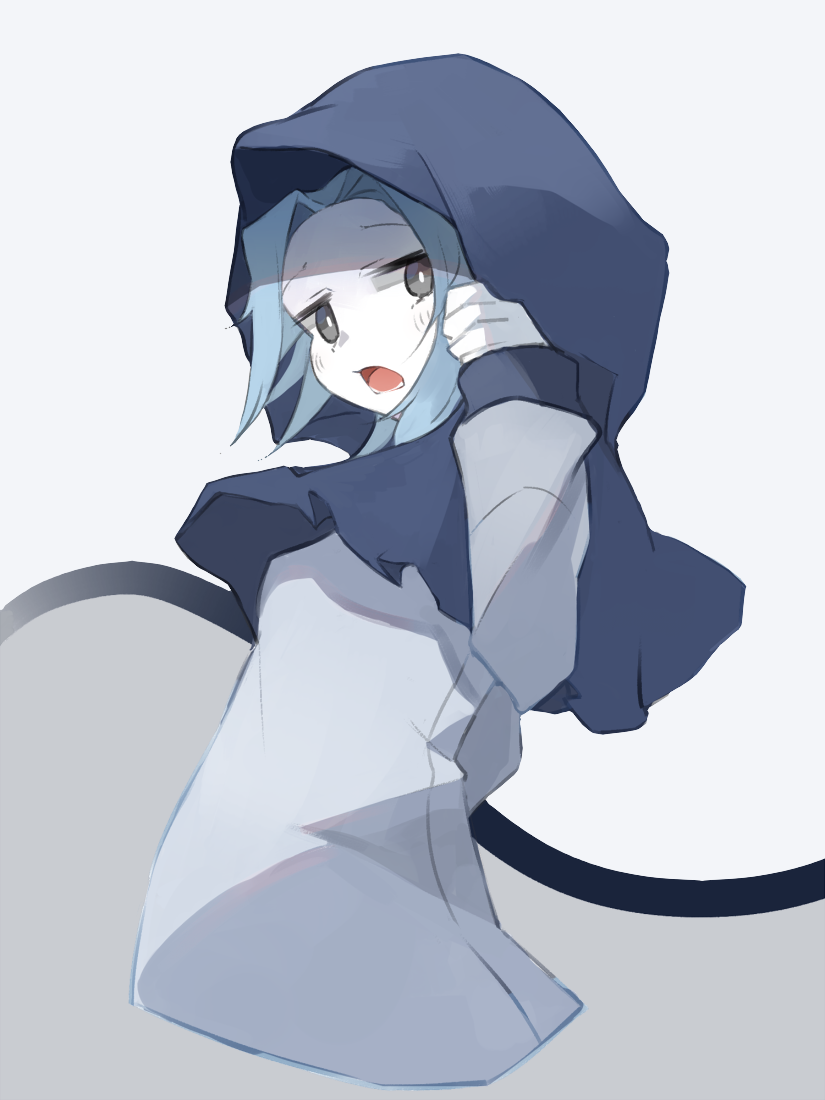 1girl bangs black_eyes blue_hair blue_hood blush bright_pupils colored_skin commentary cookie_(touhou) cropped_torso dress flour_(cookie) from_behind grey_background grey_dress hood hood_up kumoi_ichirin looking_at_viewer looking_back nnuesuki open_mouth parted_bangs short_hair solo touhou upper_body white_pupils white_skin