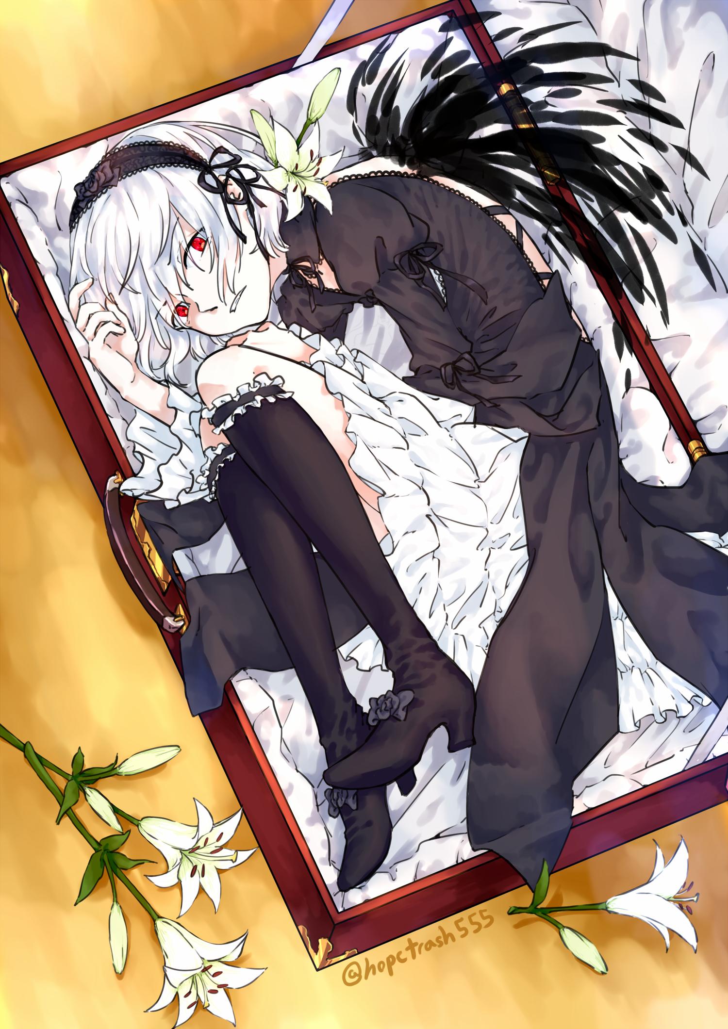 1girl accelerator_(toaru_majutsu_no_index) albino ambiguous_gender androgynous backless_dress backless_outfit bangs black_dress black_footwear black_hairband black_wings boots briefcase cosplay dress fetal_position flower frilled_dress frills from_above full_body genderswap genderswap_(mtf) gloom_(expression) gothic_lolita hair_flower hair_ornament hairband hand_in_own_hair high_heel_boots high_heels highres hopetrash555 knee_boots knees_to_chest lace-trimmed_hairband lace_trim lily_(flower) lolita_fashion long_sleeves looking_at_viewer lying on_side open_mouth painting_(medium) pale_skin red_eyes sanpaku short_hair signature skirt solo suigintou suzushina_yuriko toaru_majutsu_no_index traditional_media watercolor_(medium) watercolor_effect white_hair white_skirt wings yellow_background